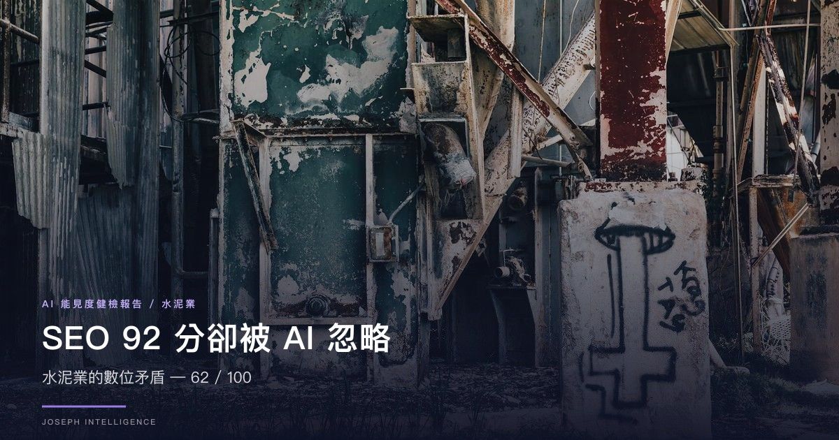 【AI 能見度案例】SEO 92 分卻被 AI 產業查詢忽略?水泥業的數位矛盾 — 62/100